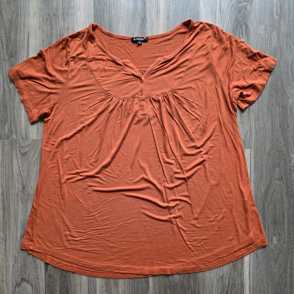 a.Jesdani Womens Burnt Orange Henley Short Sleeve Pleated‎ Blouse Top 1X